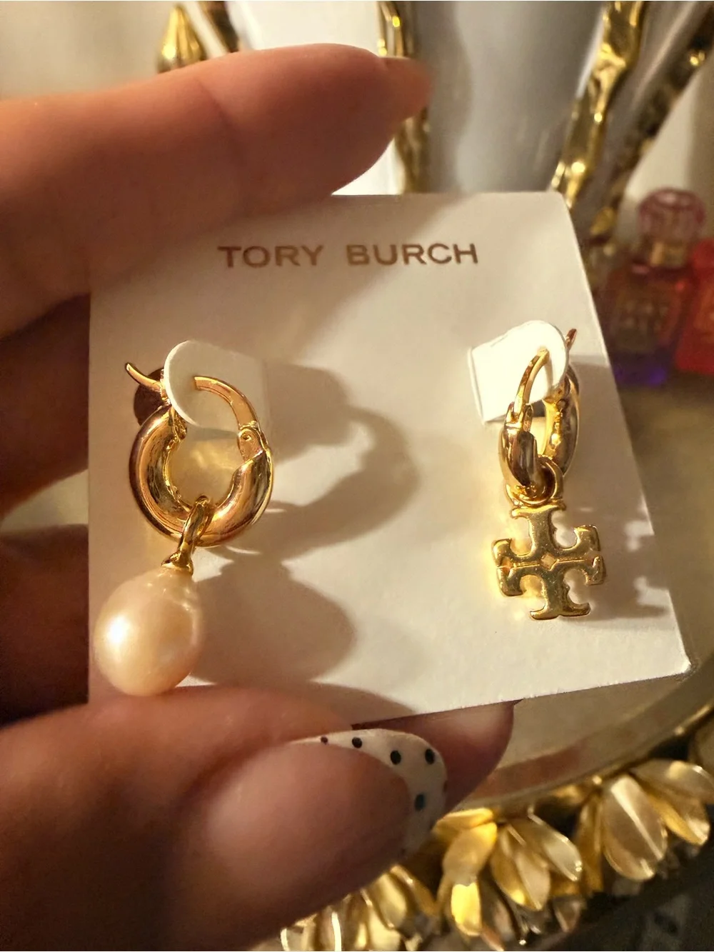 Tory Burch Gold Hoop Earrings with Pearl Drop and Logo Charm